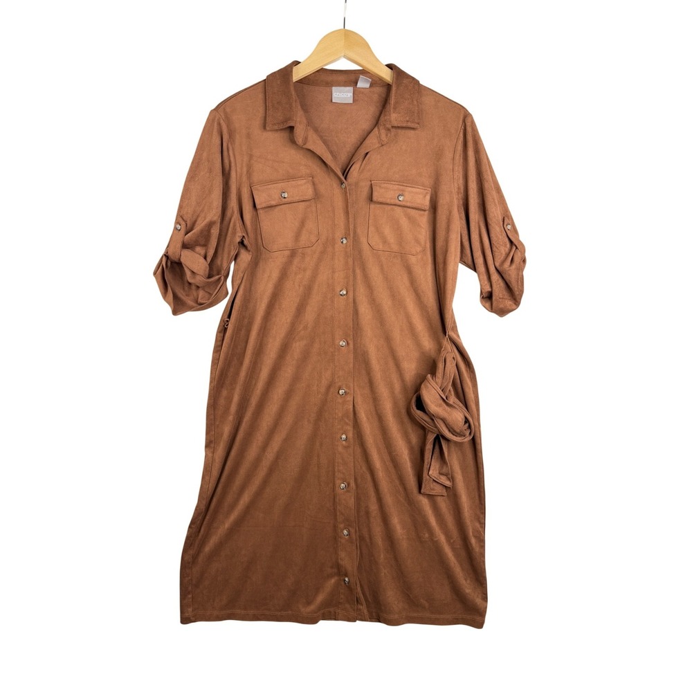 Chico's Utility Shirt Midi Button Down Belted Dress size 2 (US Large) Brown